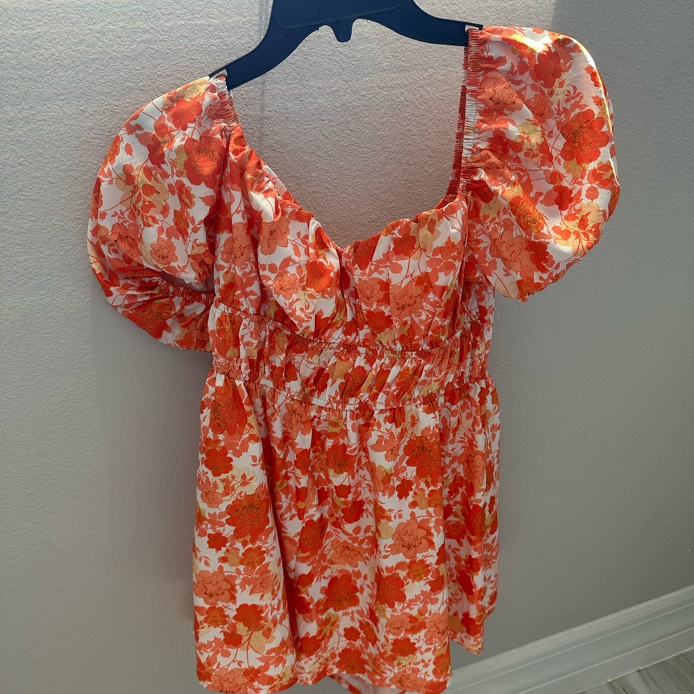 Floral Puff Sleeve Romper- Orange